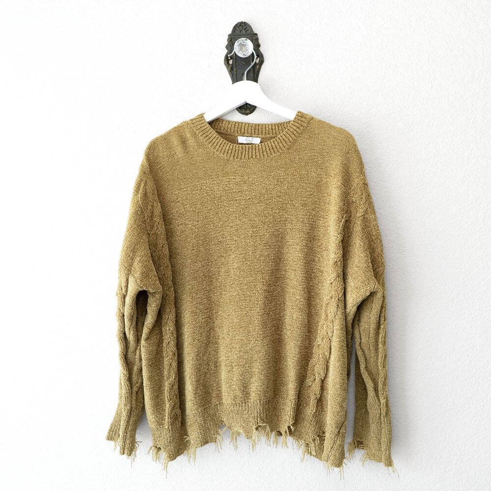 Easel Distressed Hem Cable Knit Sweater Women Small Oversized Olive Boho